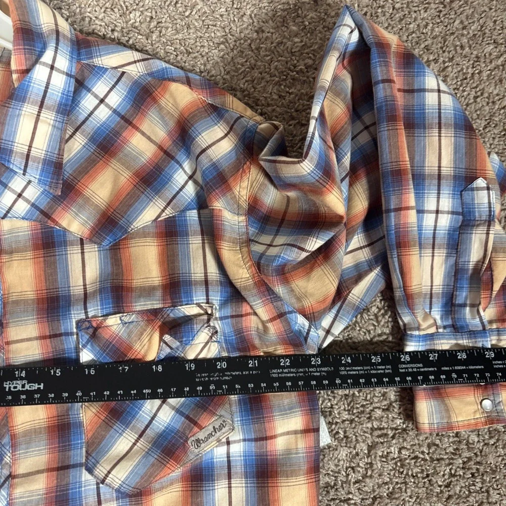 Wrangler Wrancher Mens XL Blue Orange Plaid Western Pearl Snap Shirt MTW1123‎